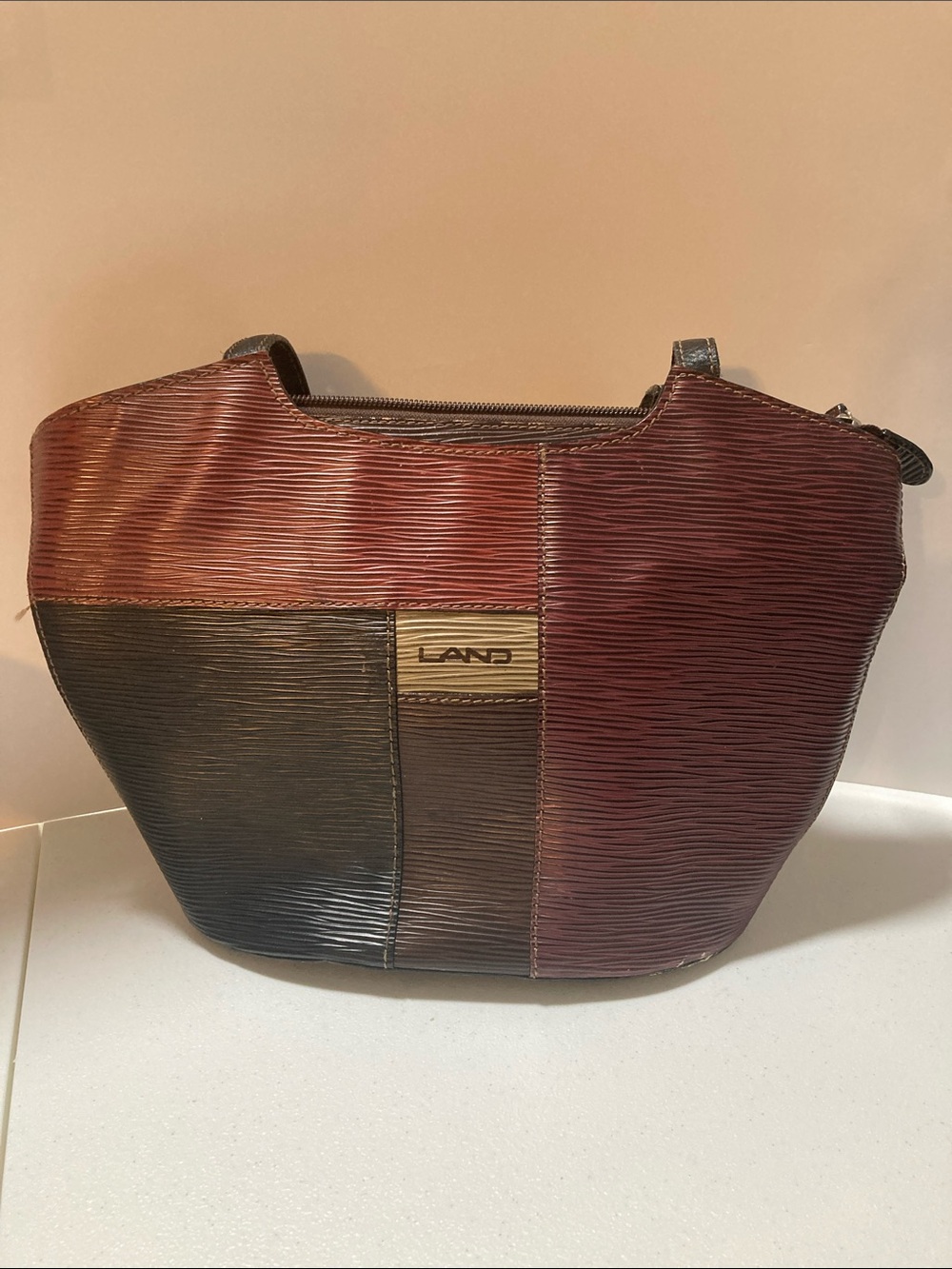Lands' End Two-Tone Patchwork Shoulder Bag in Burgundy & Dark Brown